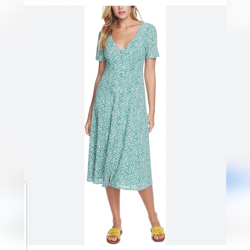 1.State Short Sleeve Folk Silhouette Floral Button Front Dress Size 10 NWT